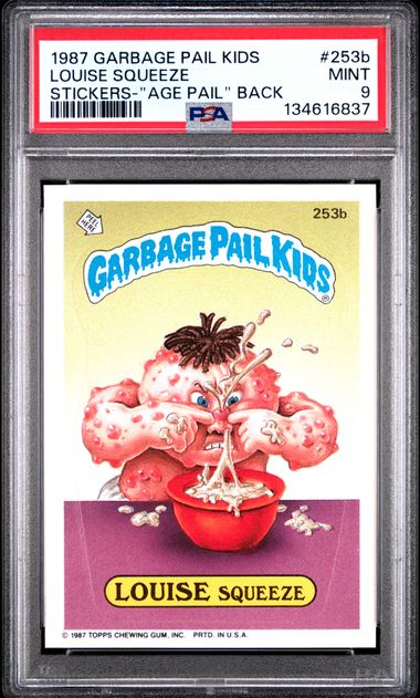 1987 Garbage Pail Kids GARBAGE PAIL KIDS STICKERS "AGE PAIL" BACK #253B Louise Squeeze front