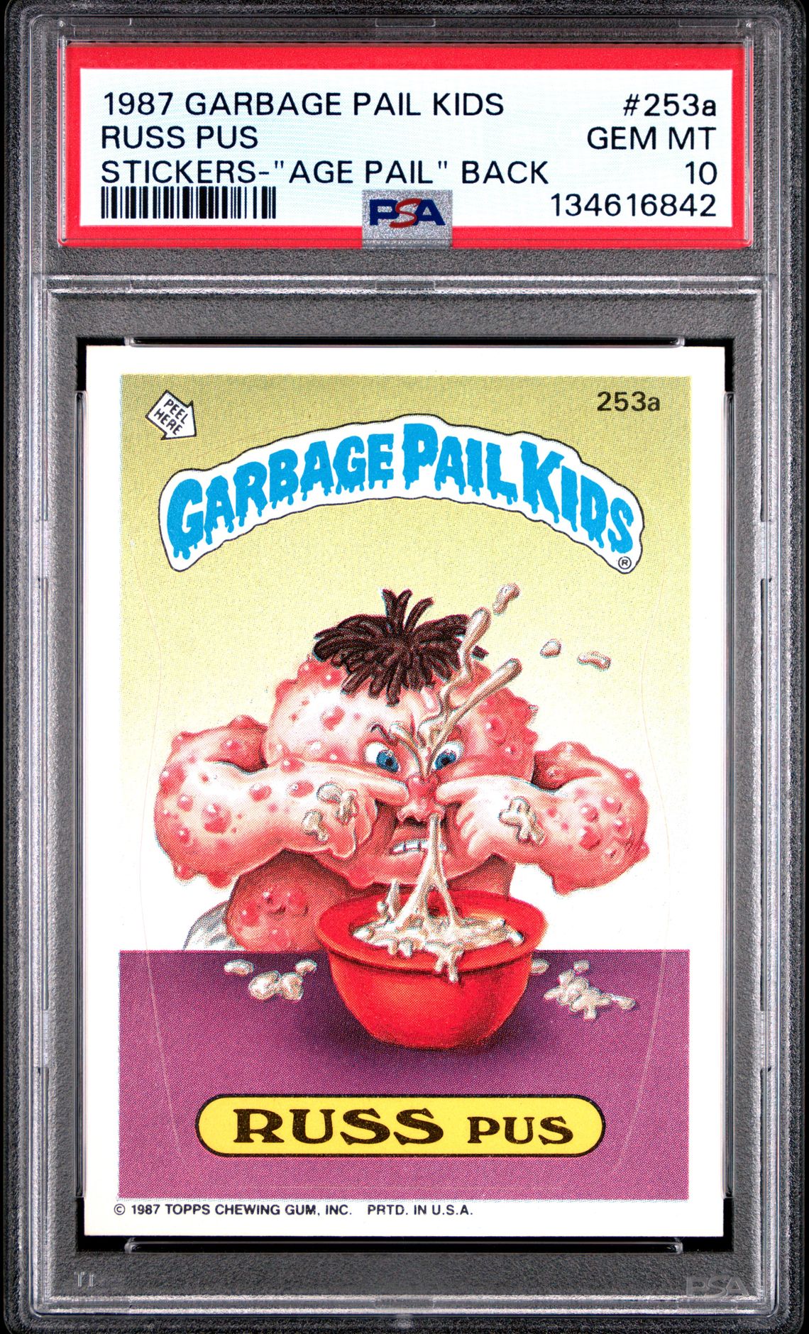 1987 Topps GARBAGE PAIL KIDS STICKERS STICKERS-"AGE PAIL" BACK #253A Russ Pus front
