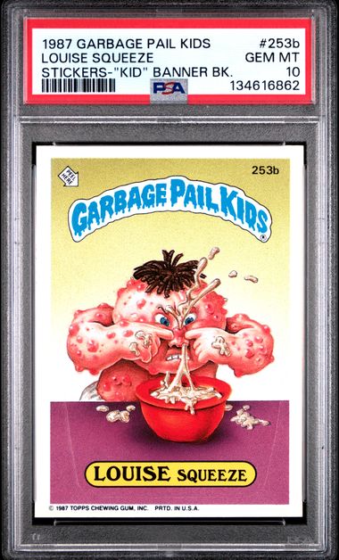 1987 Topps GARBAGE PAIL KIDS STICKERS STICKERS-"AGE PAIL" BACK #253B Louise Squeeze front