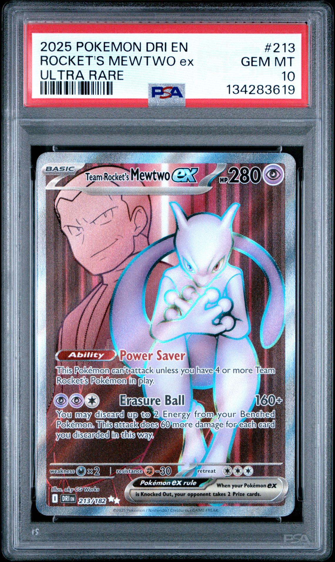 2025 Pokemon Dri En-Destined Rivals Rocket's Mewtwo Ex #213 (Ultra Rare) Gem Mt 10 front