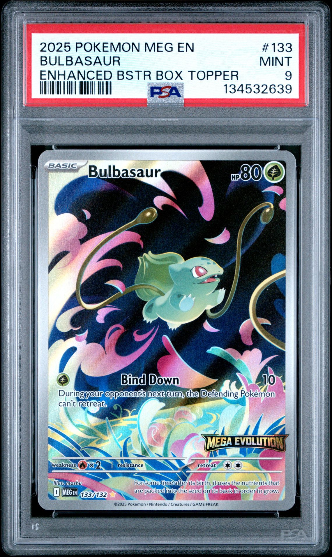 2025 Pokemon Meg En-Mega Evolution Bulbasaur #133 (Enhanced Bstr Box Topper) Mint 9 front