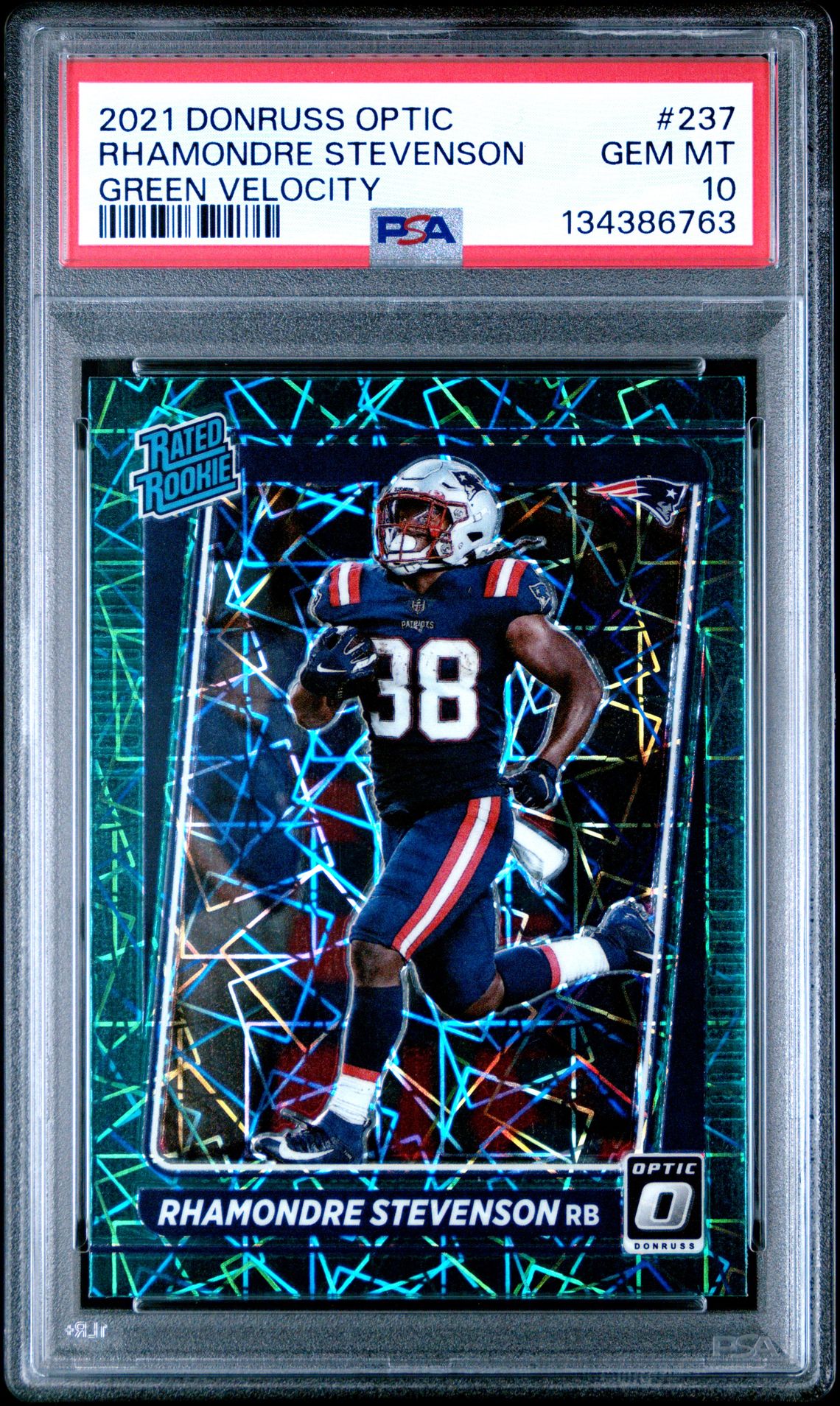 2021 Panini Donruss Optic Rhamondre Stevenson #237 (Green Velocity) Gem Mt 10 front