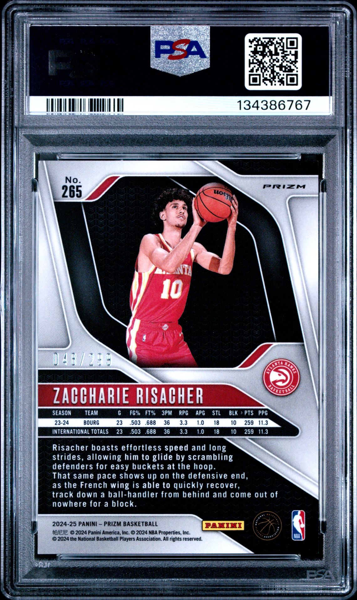 2024 Panini Prizm Zaccharie Risacher #265 (Red Prizm) Mint 9 back