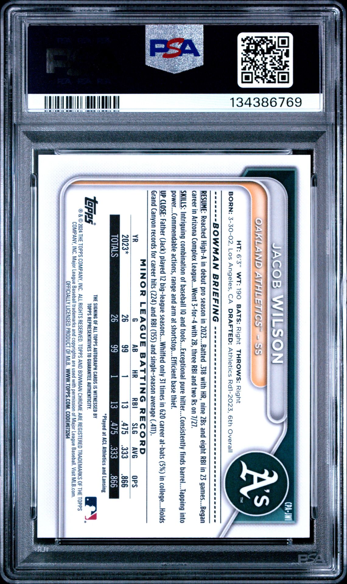 2024 Bowman Chrome Prospect Autographs Jacob Wilson #Cpajwi Mint 9 back