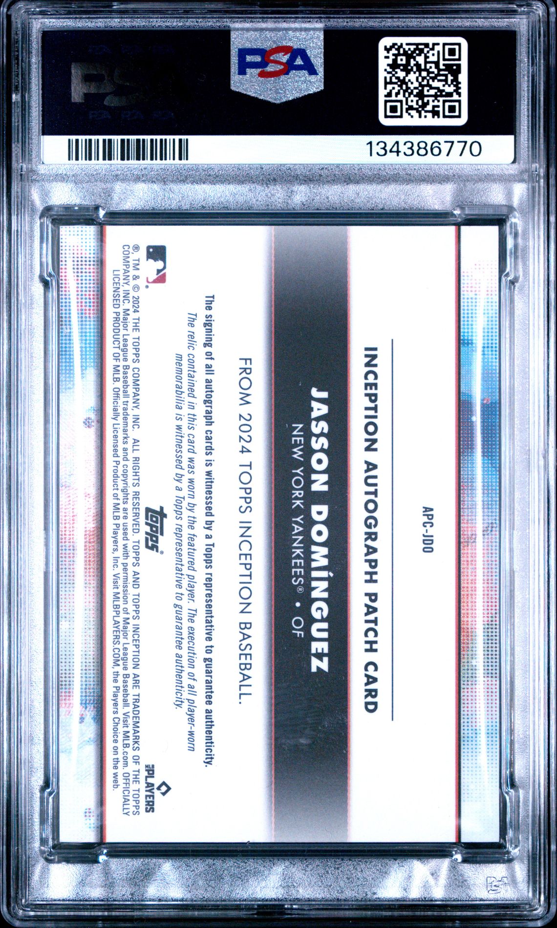 2024 Topps Inception Autograph Patch Jasson Dominguez #Apcjdo (Autograph Patch-Green) Gem Mt 10 back