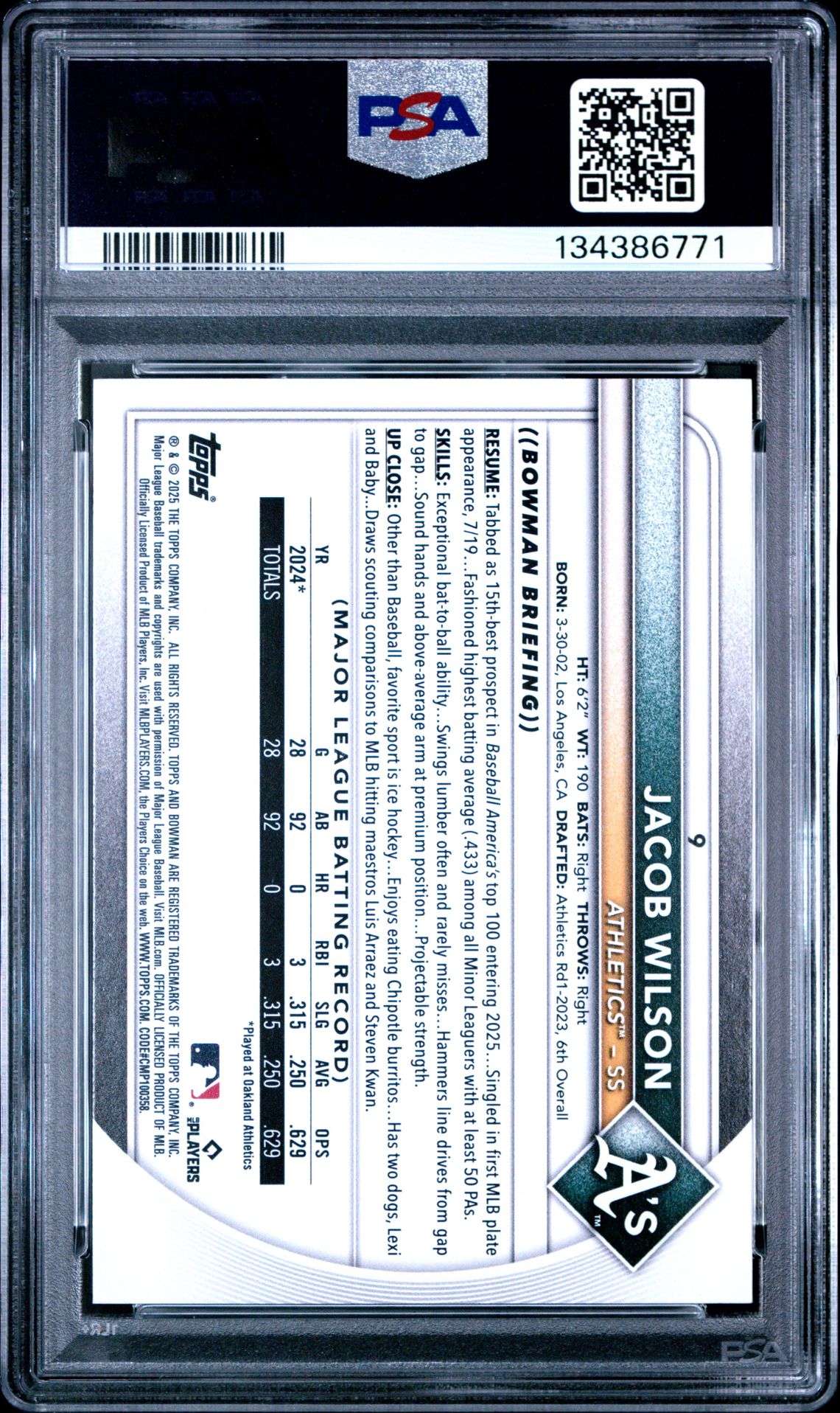 2025 Bowman Jacob Wilson #9 (Sky Blue) Mint 9 back