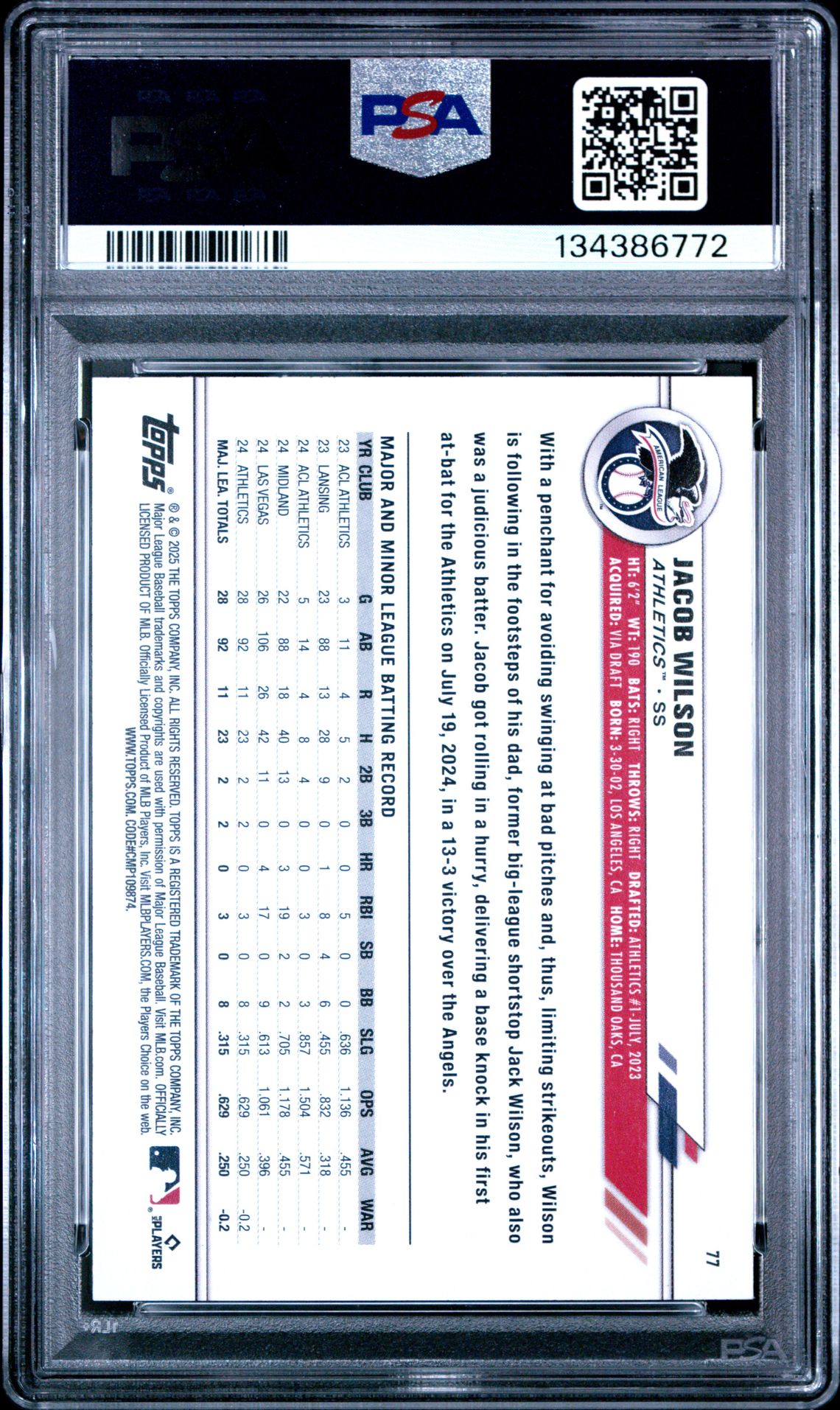 2025 Topps All-Star Game Jacob Wilson #77 Gem Mt 10 back