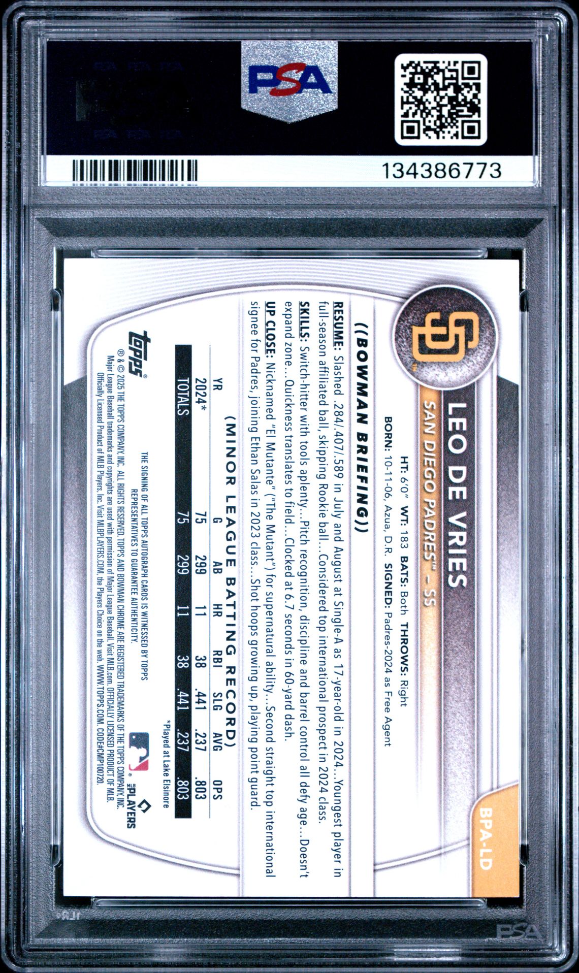 2025 Bowman Bowman Prospect Autographs Leo De Vries #Bpald Mint 9 back