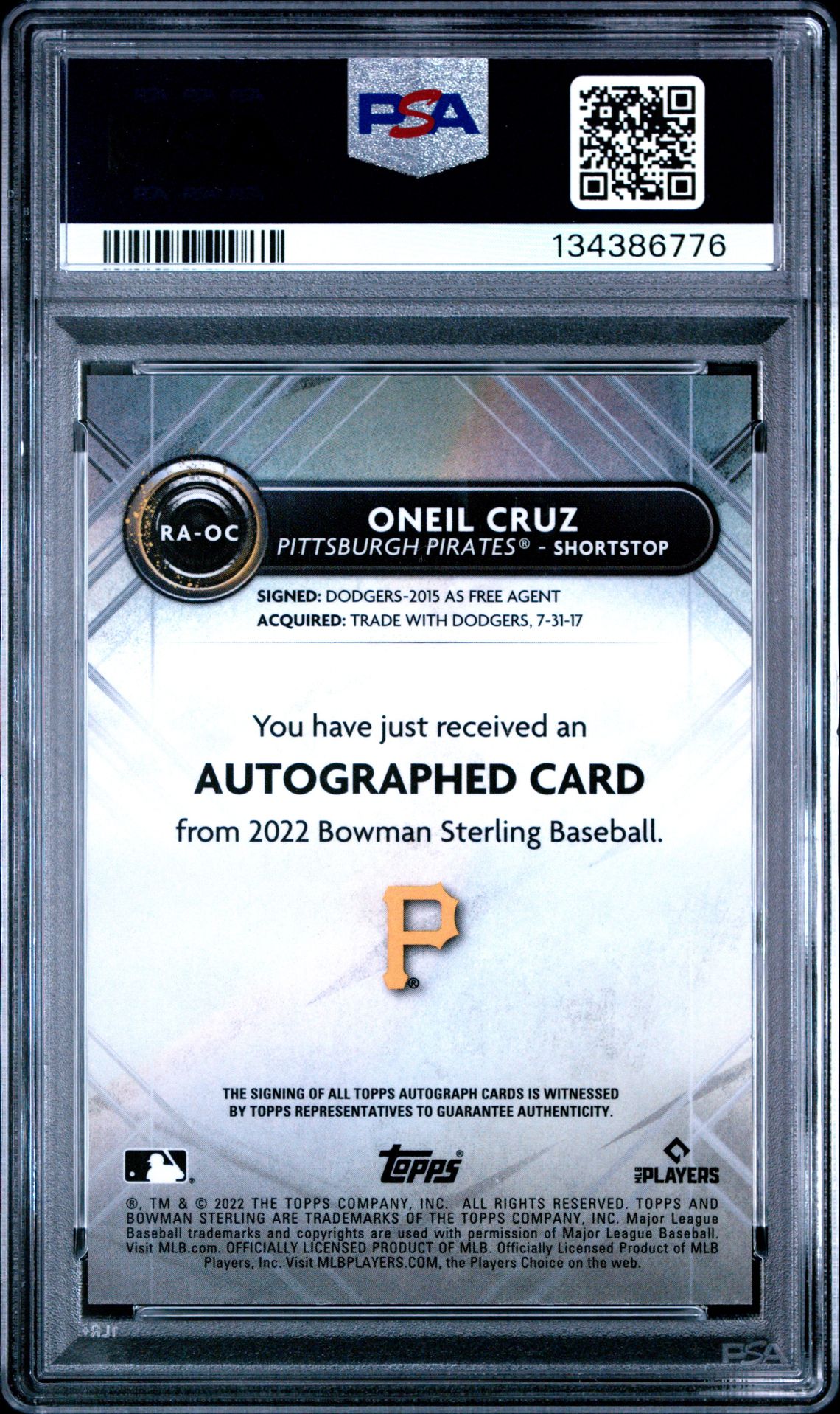 2022 Bowman Sterling Rookie Autographs Oneil Cruz #Raoc (Rookie Auto-Gold Ref.) Gem Mt 10 back