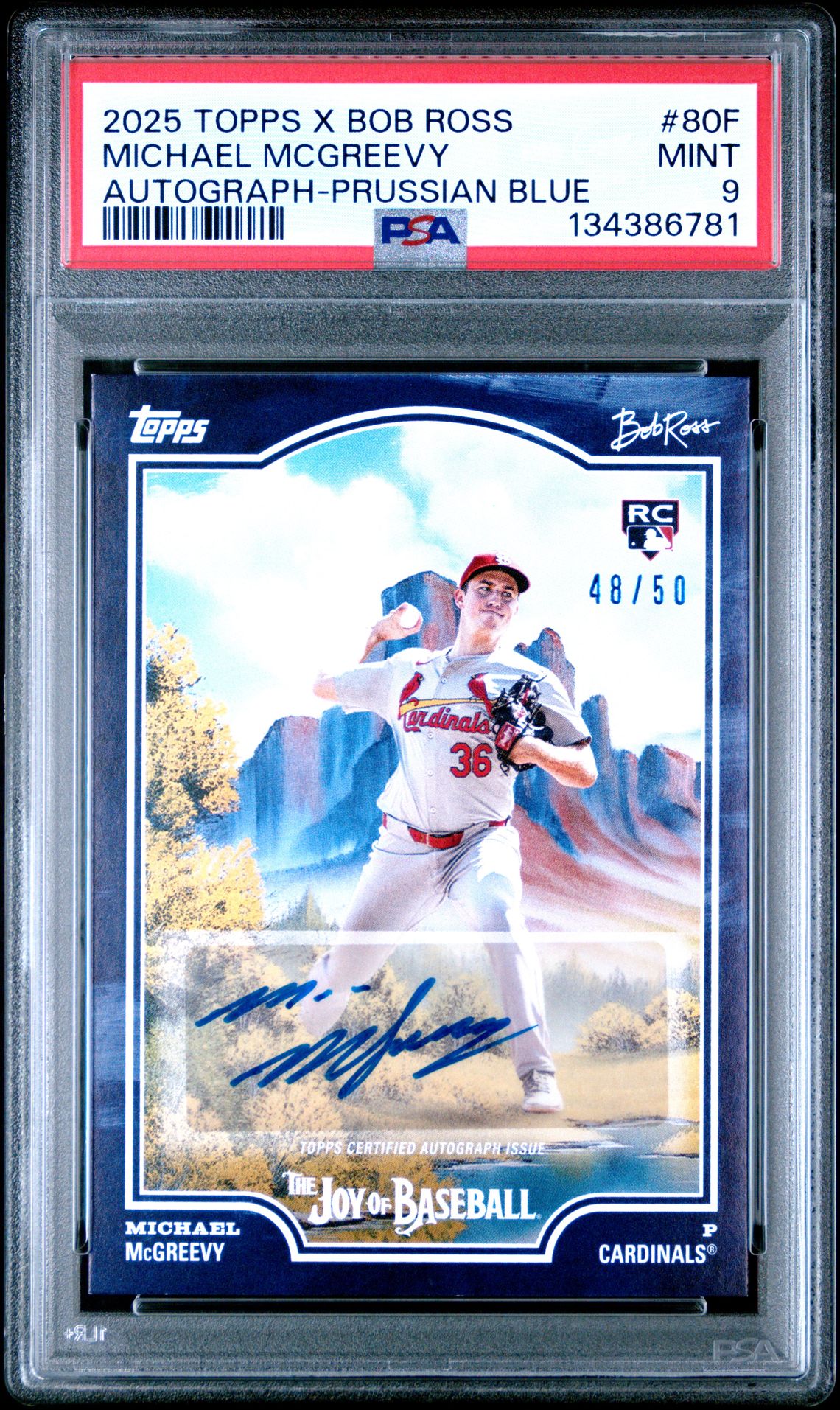 2025 Topps X Bob Ross The Joy Of Baseball Michael Mcgreevy #80F (Autograph-Prussian Blue) Mint 9 front