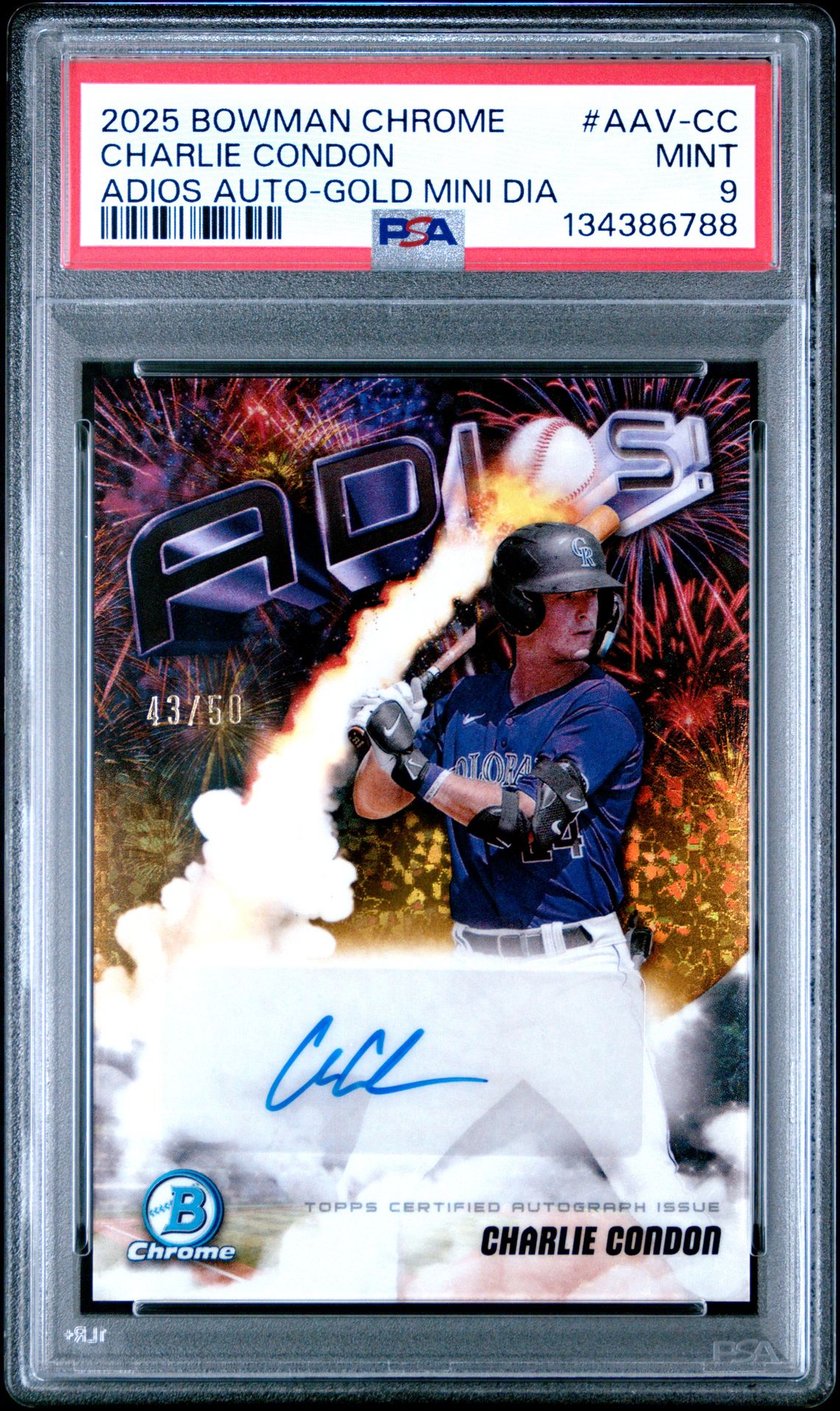 2025 Bowman Chrome Adios Autographs Charlie Condon #Aav-Cc (Adios Auto-Gold Mini Dia) Mint 9 front