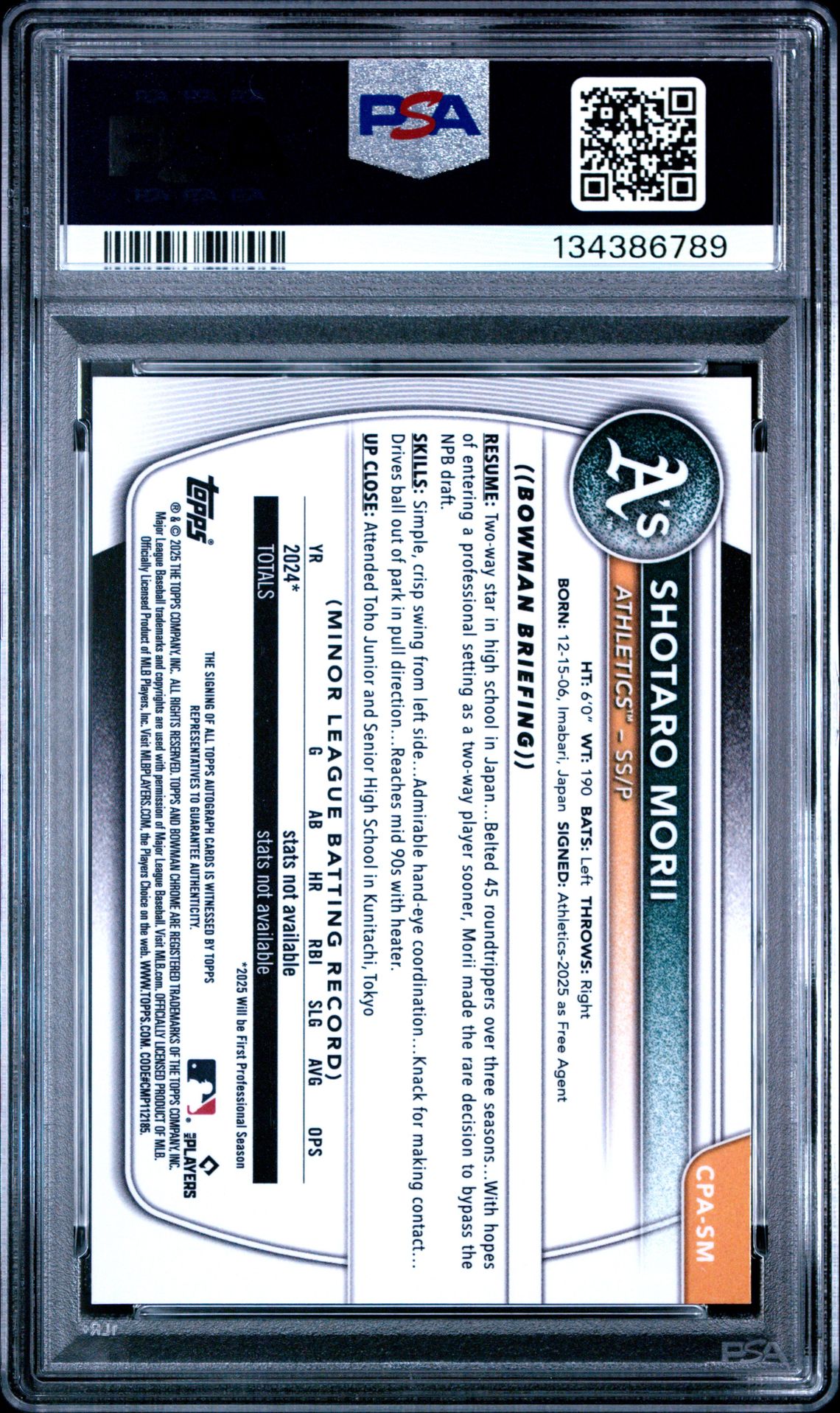 2025 Bowman Chrome Prospect Autographs Shotaro Morii #Cpasm Gem Mt 10 back