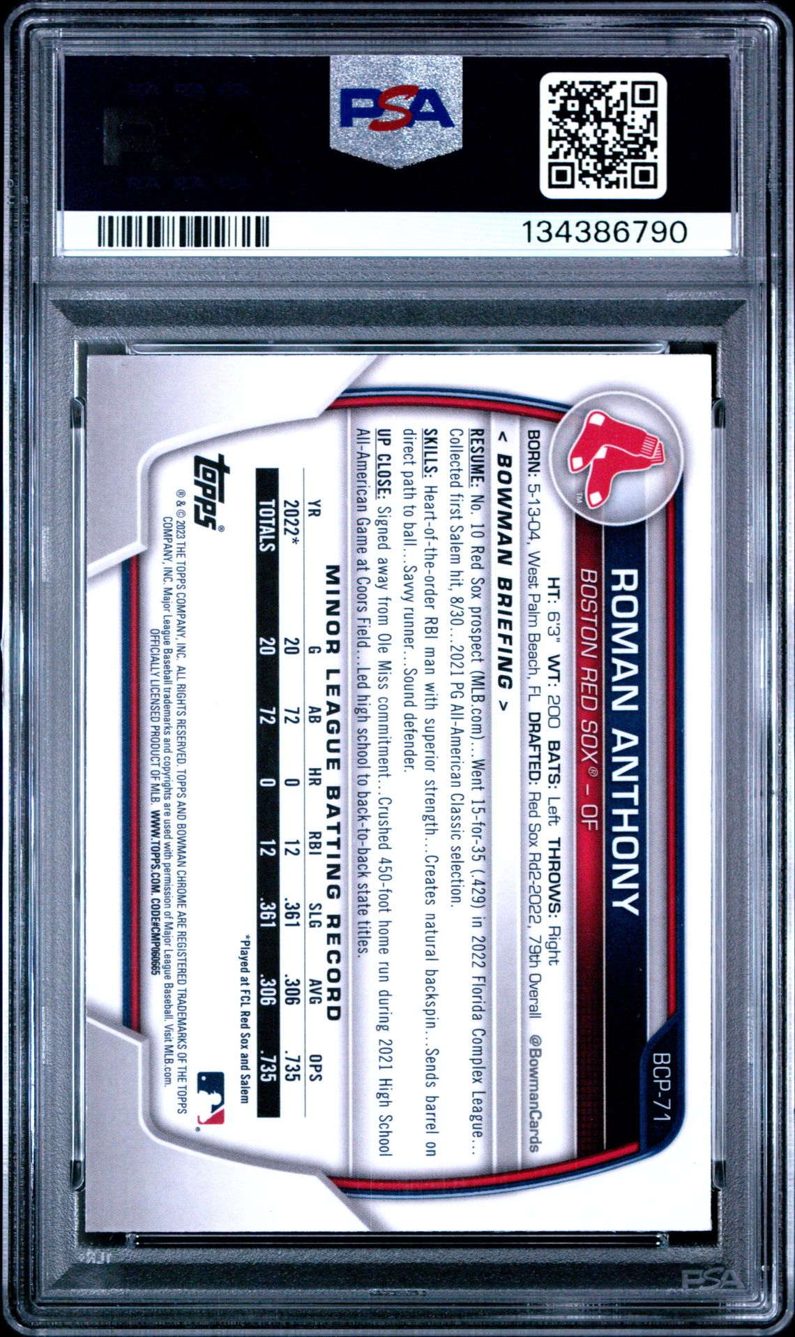 2023 Bowman Chrome Prospects Roman Anthony #Bcp71 (Chrome Pros-Atomic Ref) Gem Mt 10 back