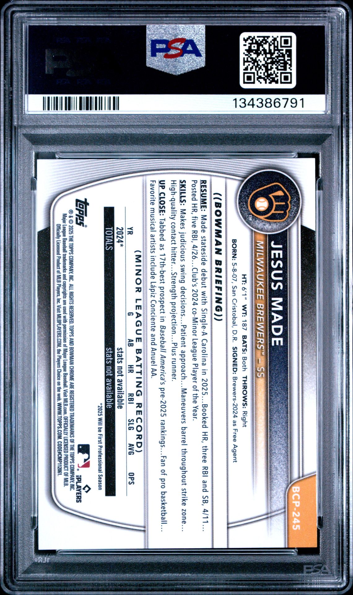 2025 Bowman Chrome Prospects Jesus Made #Bcp245 (Prospects-Aqua Pulsar) Nm-Mt 8 back