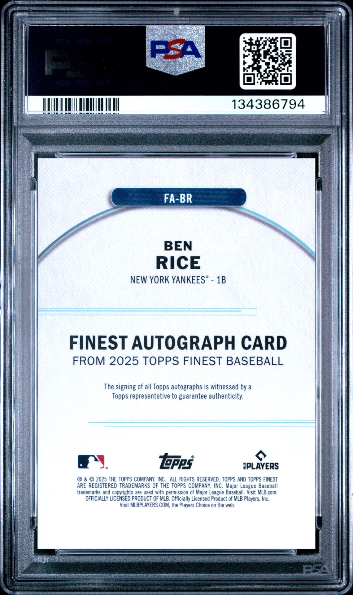 2025 Topps Finest Finest Autographs Ben Rice #Br (Finest Auto-Sky Blue Ref) Gem Mt 10 back