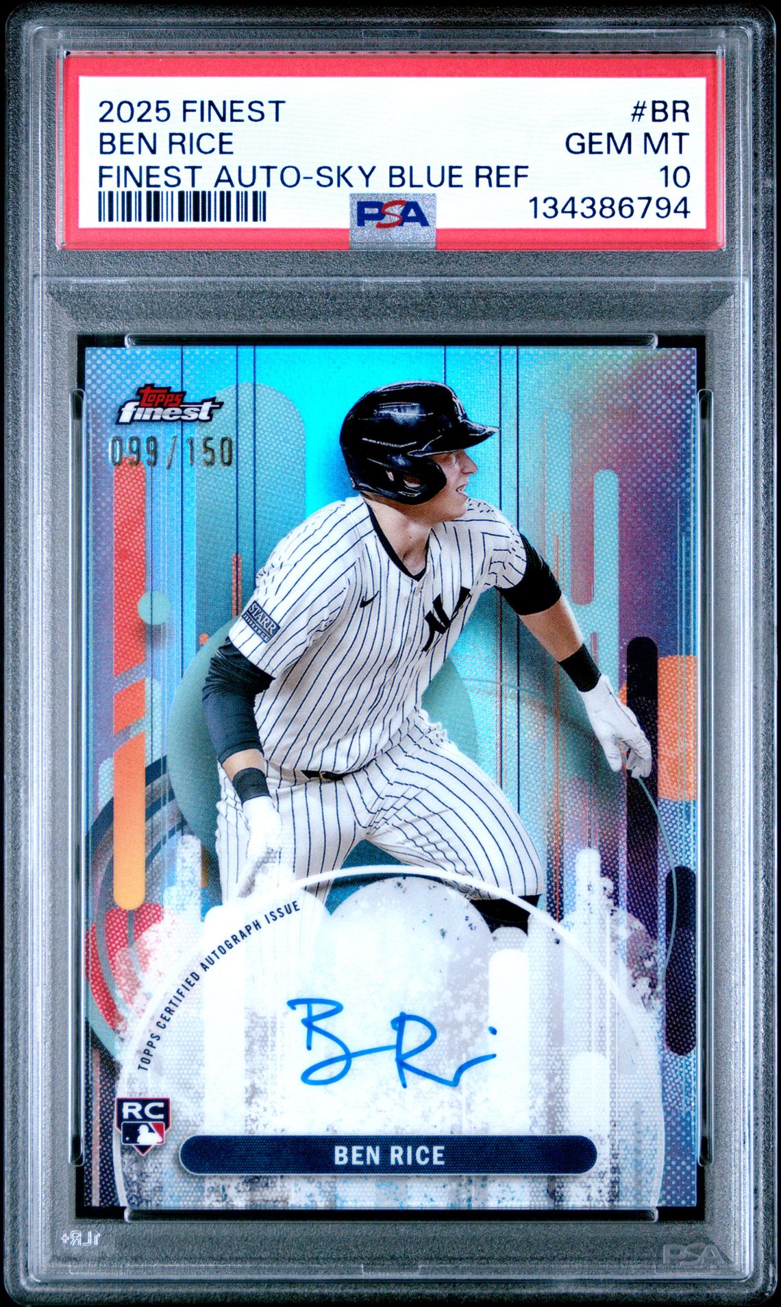 2025 Topps Finest Finest Autographs Ben Rice #Br (Finest Auto-Sky Blue Ref) Gem Mt 10 front