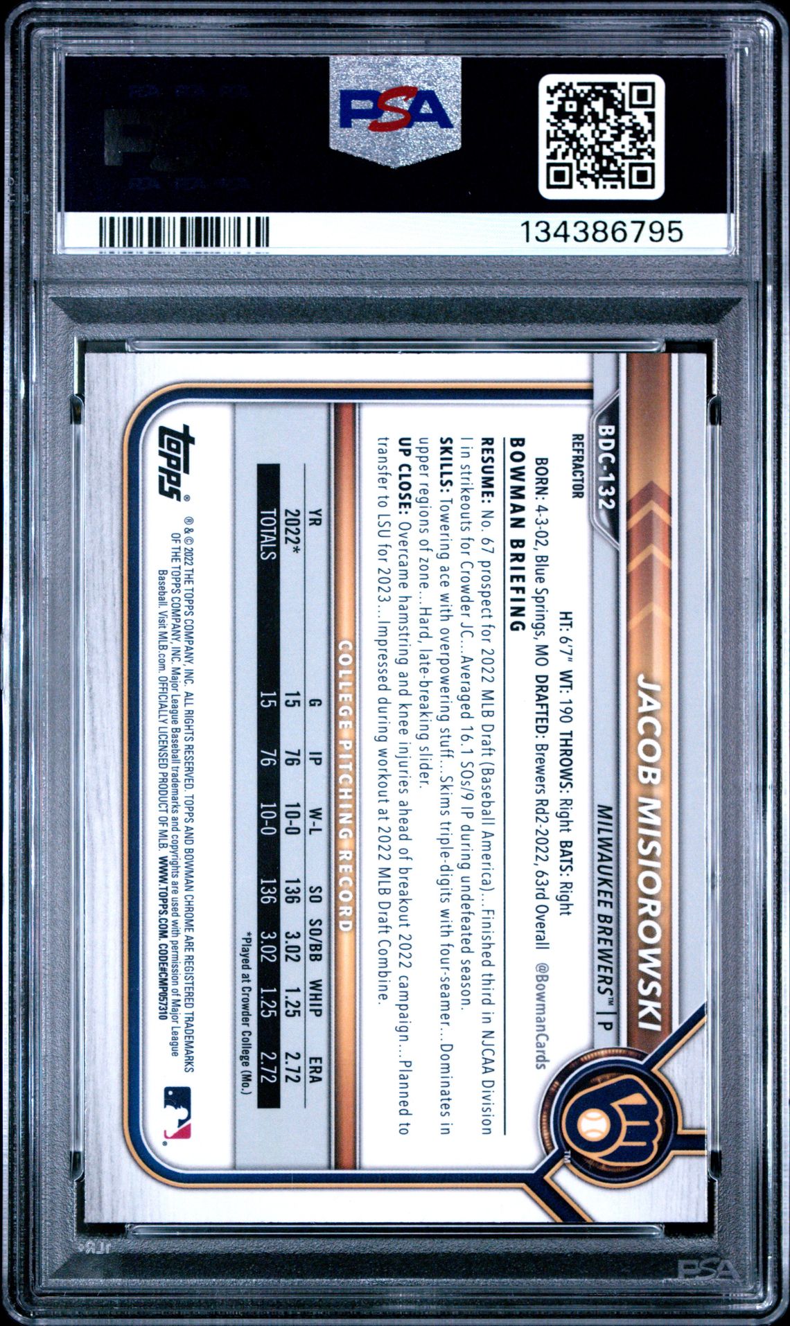 2022 Bowman Draft Jacob Misiorowski #Bdc132 (Chrome-Refractor) Mint 9 back