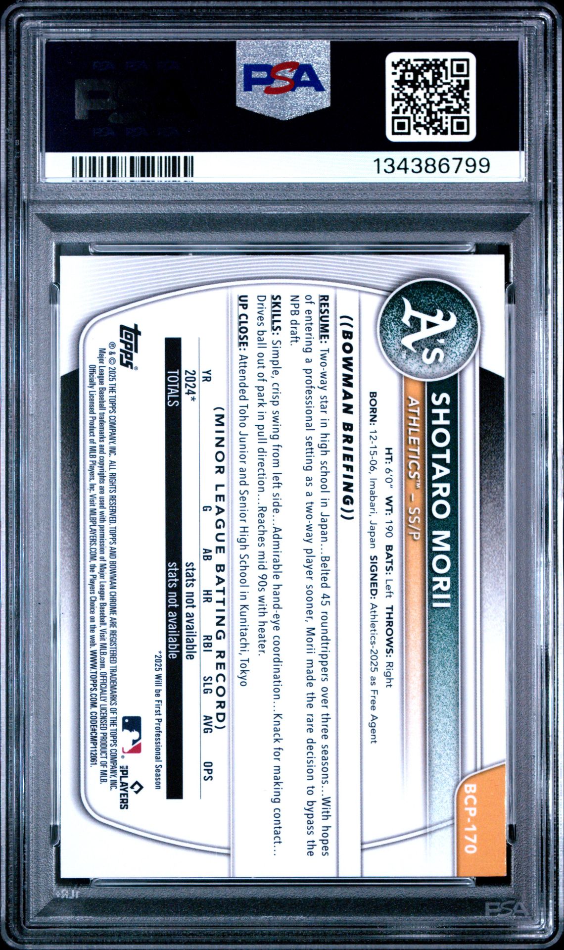 2025 Bowman Chrome Prospects Shotaro Morii #Bcp170 (Pros-Fuchsia Geometric) Gem Mt 10 back