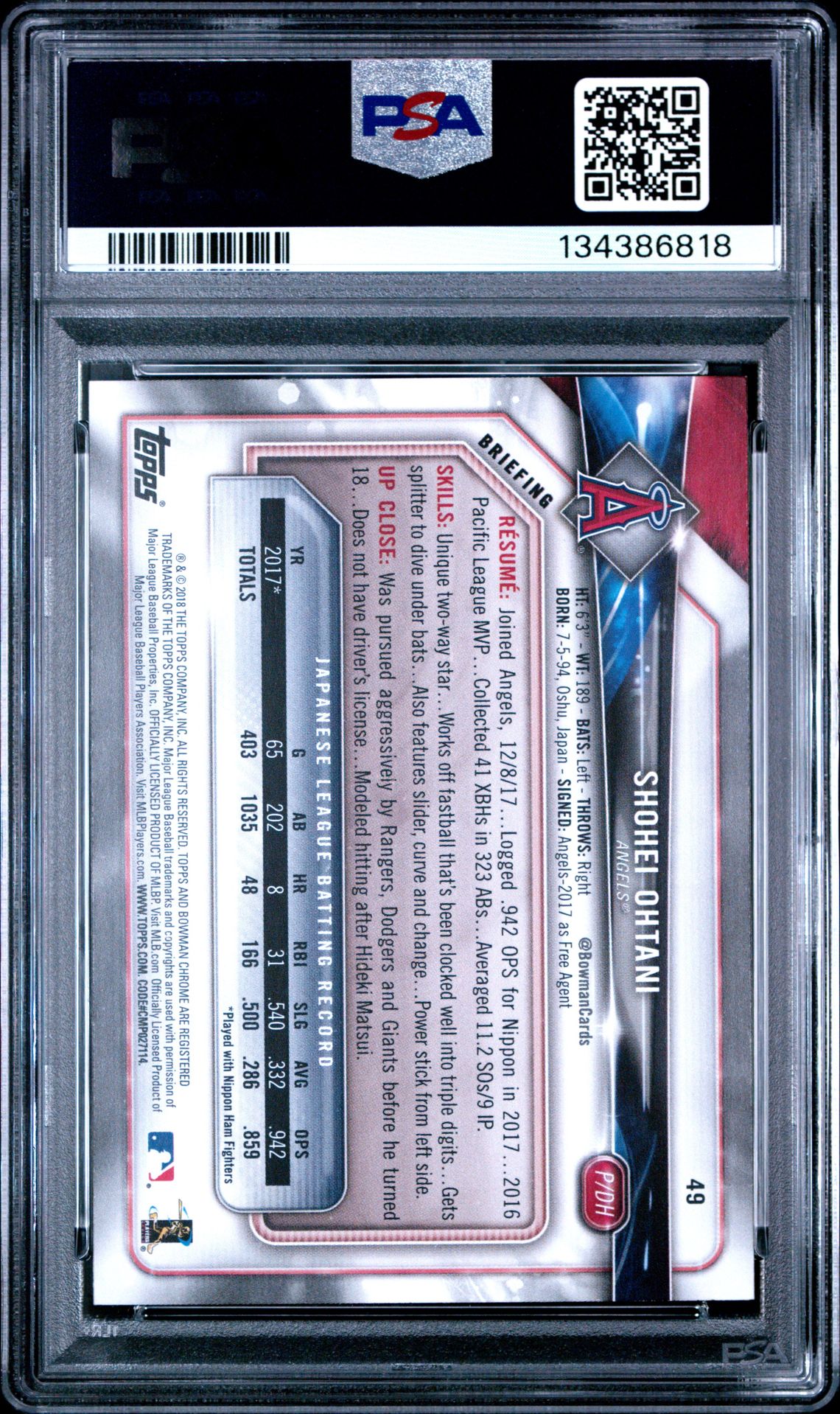 2018 Bowman Shohei Ohtani #49 Mint 9 back