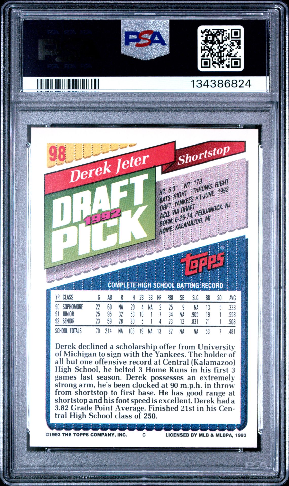1993 Topps Derek Jeter #98 Mint 9 back