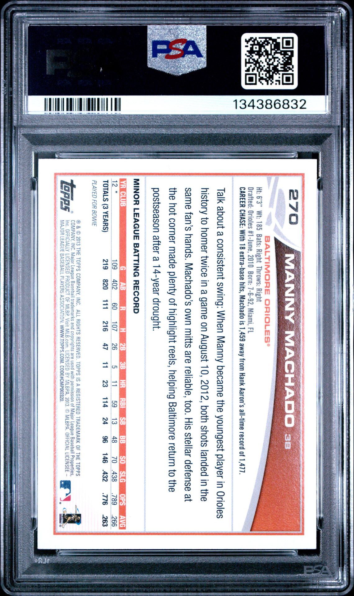 2013 Topps Manny Machado #270 (Fielding) Mint 9 back