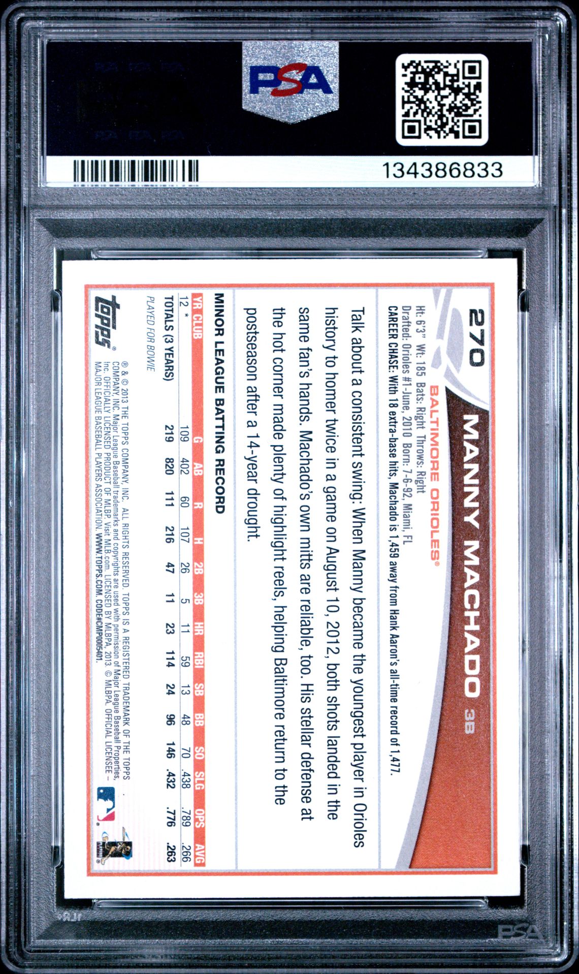 2013 Topps Manny Machado #270 (Batting) Gem Mt 10 back