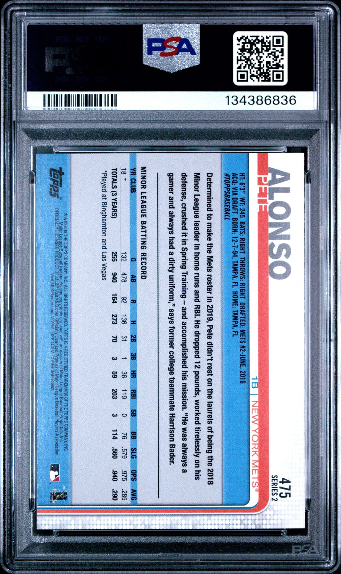 2019 Topps Pete Alonso #475 Gem Mt 10 back