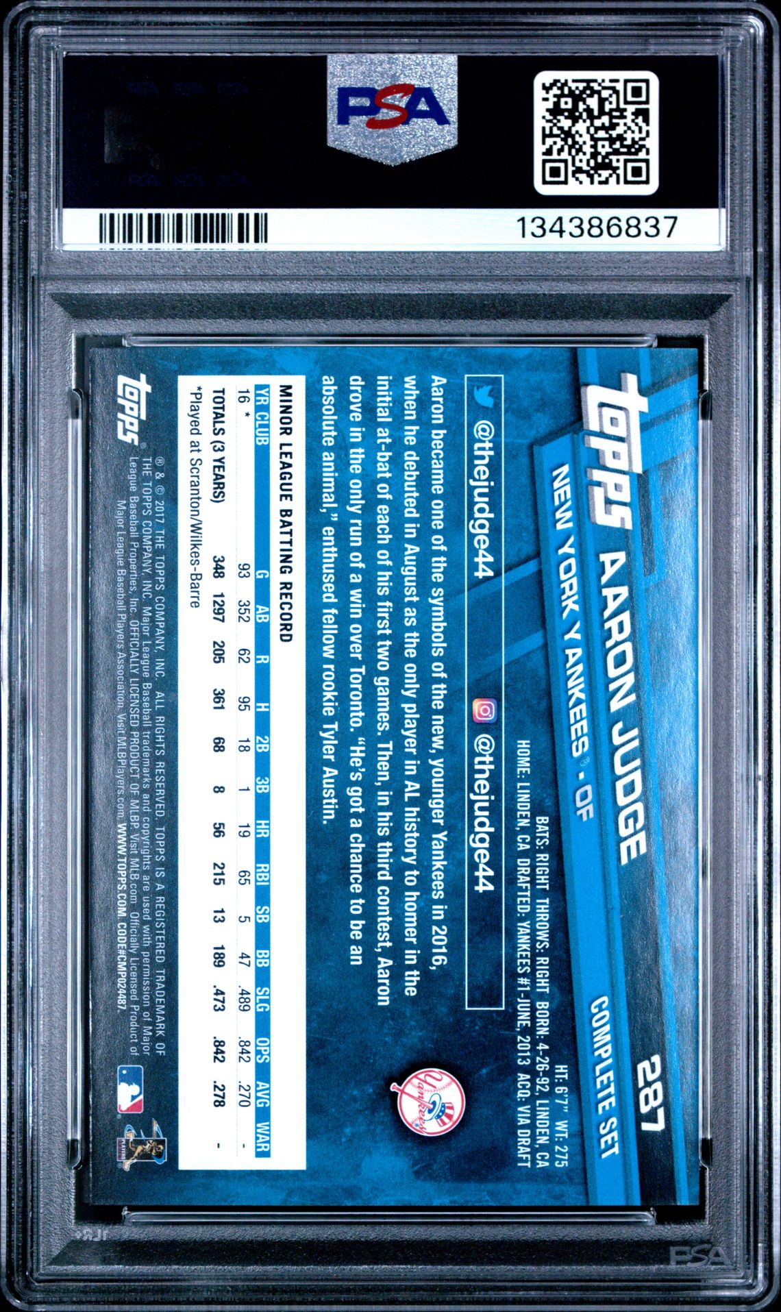 2017 Topps Complete Set Exclusives Aaron Judge #287 (Exclusives-Running) Mint 9 back