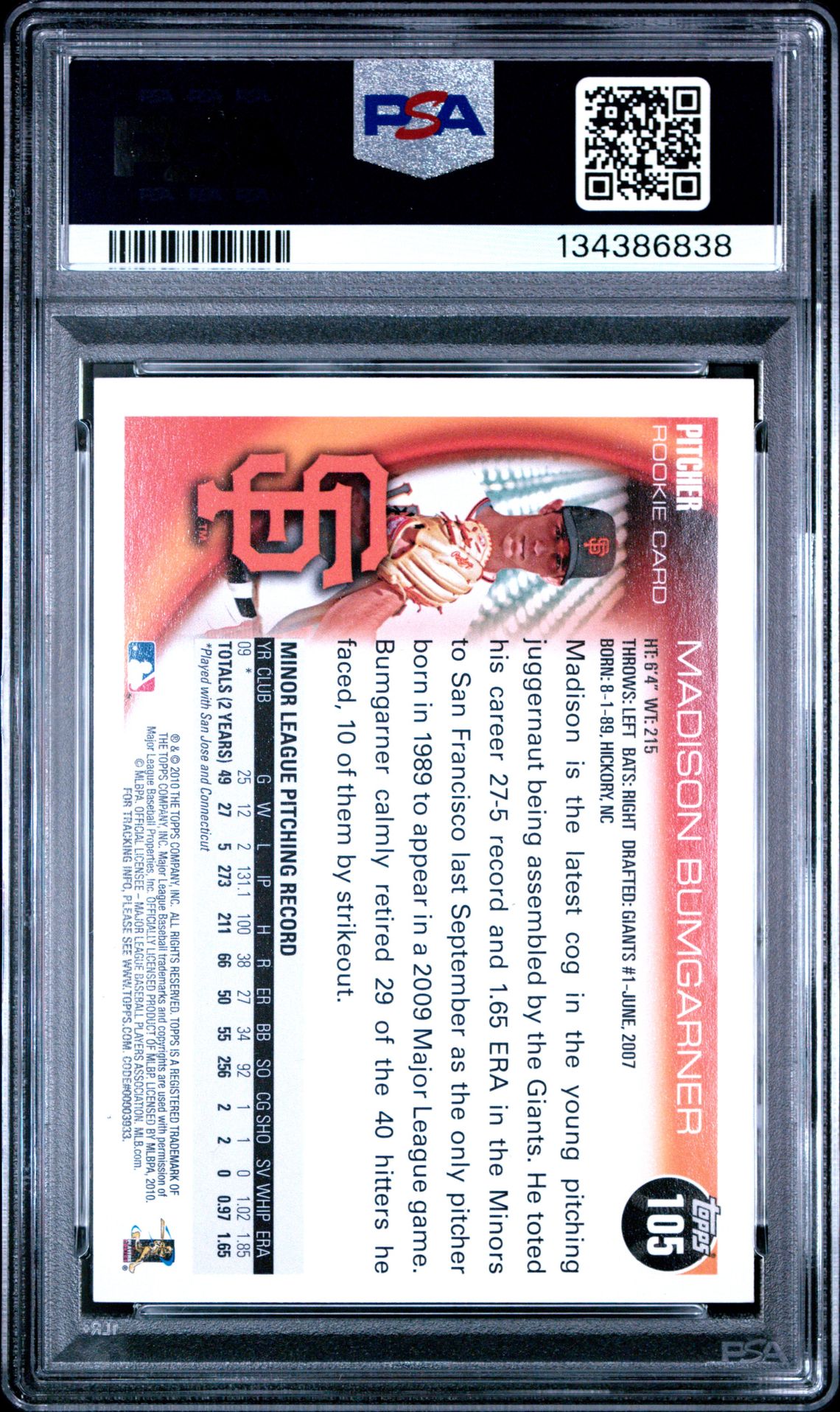 2010 Topps Madison Bumgarner #105 Nm-Mt 8 back