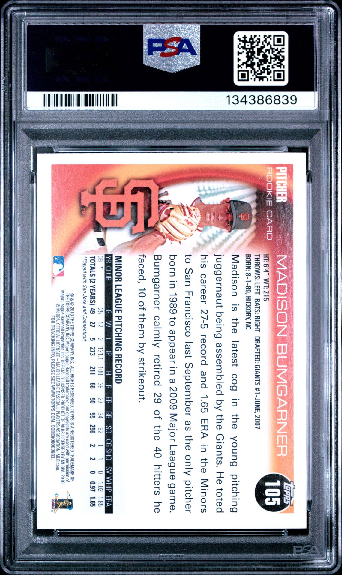 2010 Topps Madison Bumgarner #105 Mint 9 back