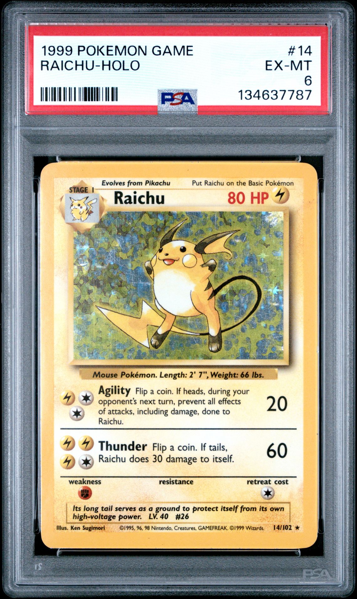 1999 Pokemon Game Raichu-Holo #14 Ex-Mt 6 front