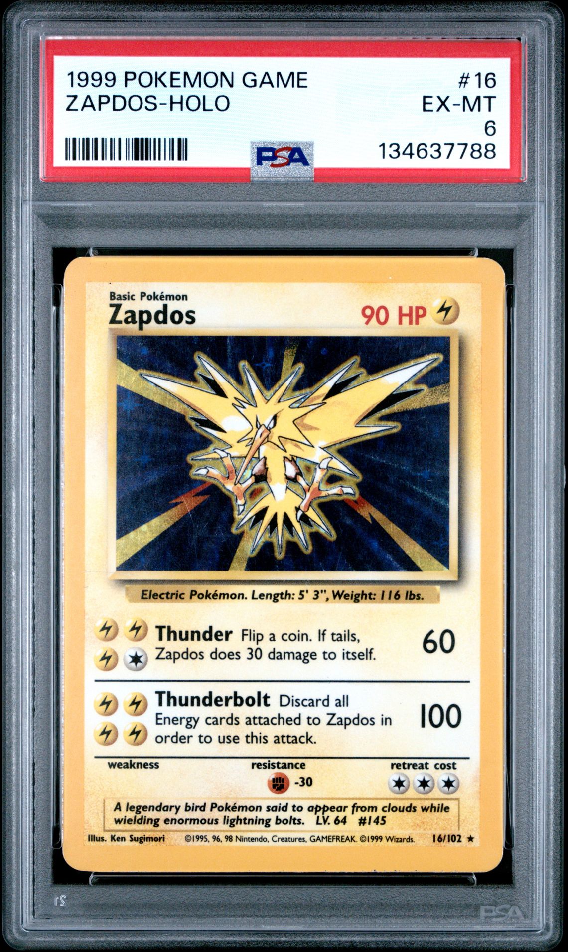 1999 Pokemon Game Zapdos-Holo #16 Ex-Mt 6 front