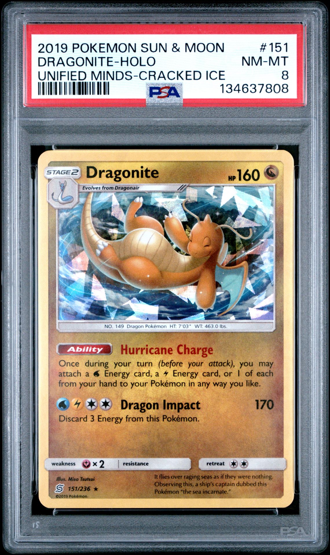 2019 Pokemon Sun & Moon Unified Minds Dragonite-Holo #151 (Unified Minds-Cracked Ice) Nm-Mt 8 front