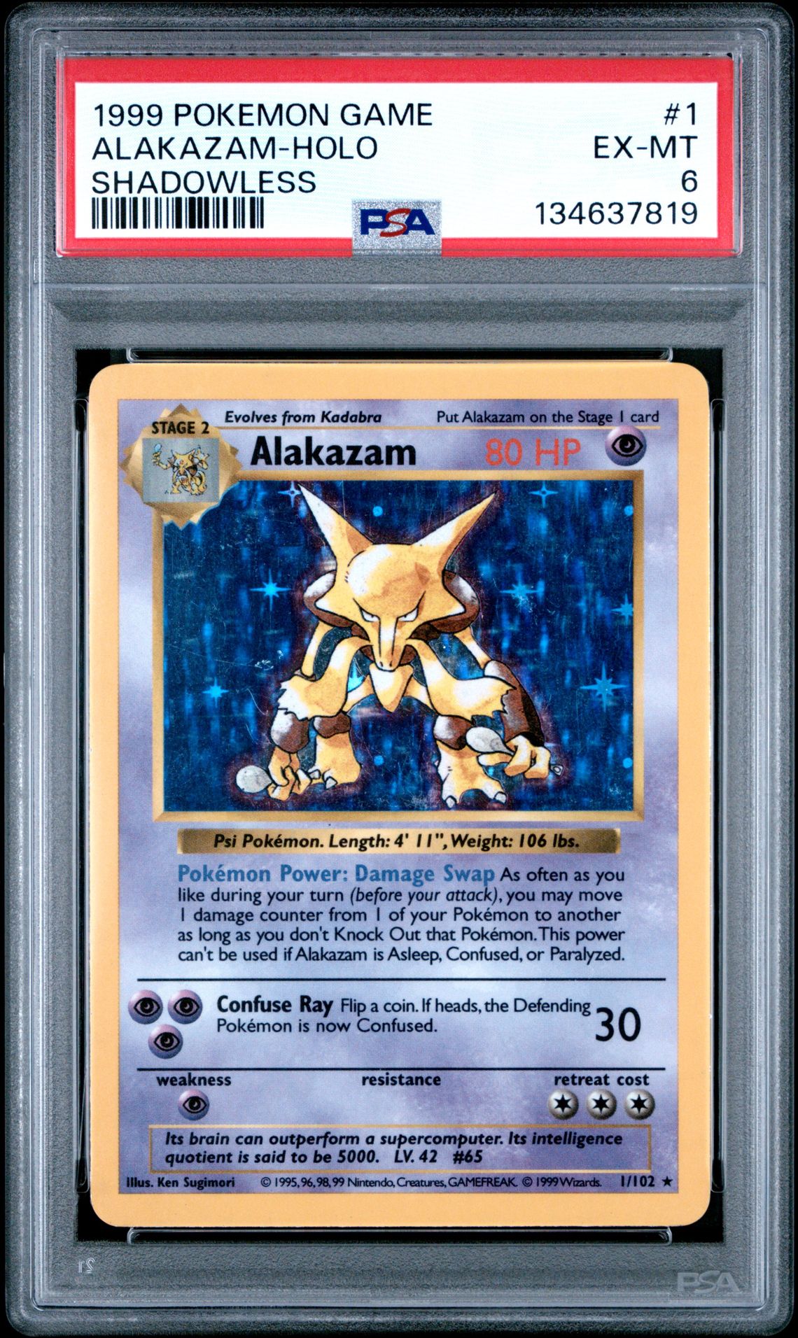 1999 Pokemon Game Alakazam-Holo #1 (Shadowless) Ex-Mt 6 front