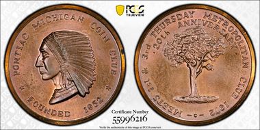 1972 AE Medal Pontiac Michigan Coin Club 20th Anniversary MS66