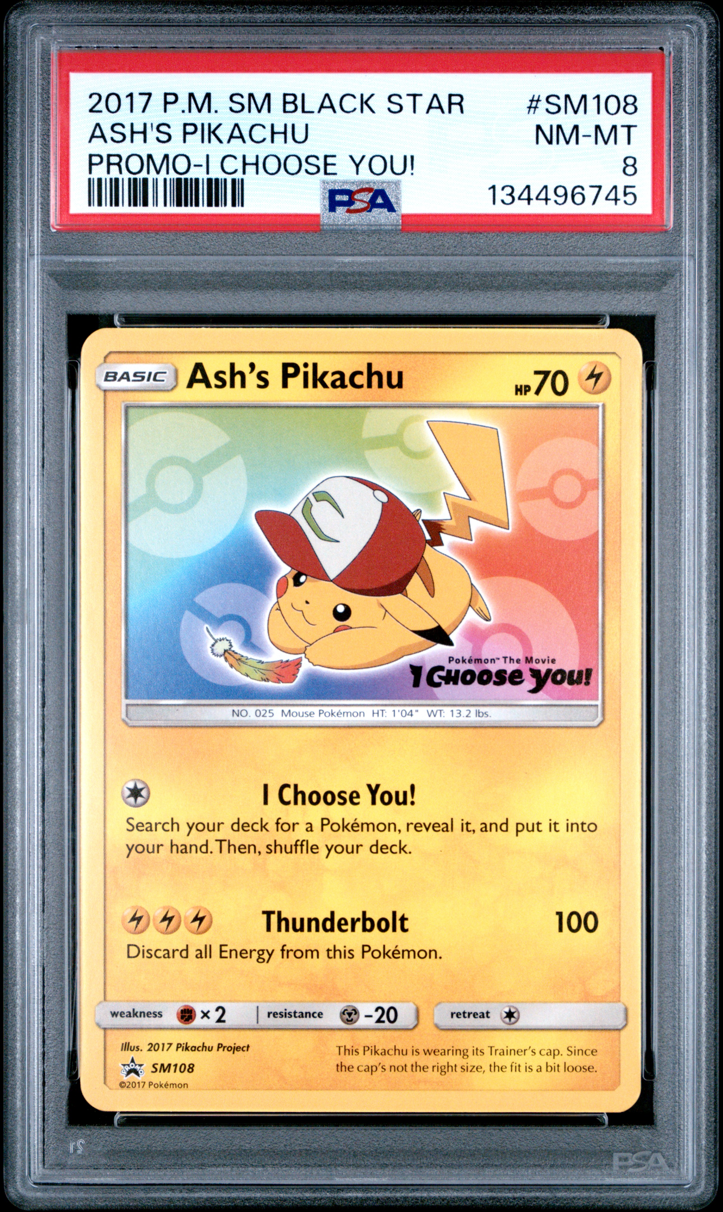 2017 #SM108 Ash's Pikachu PSA 8 SM Black Star Promo