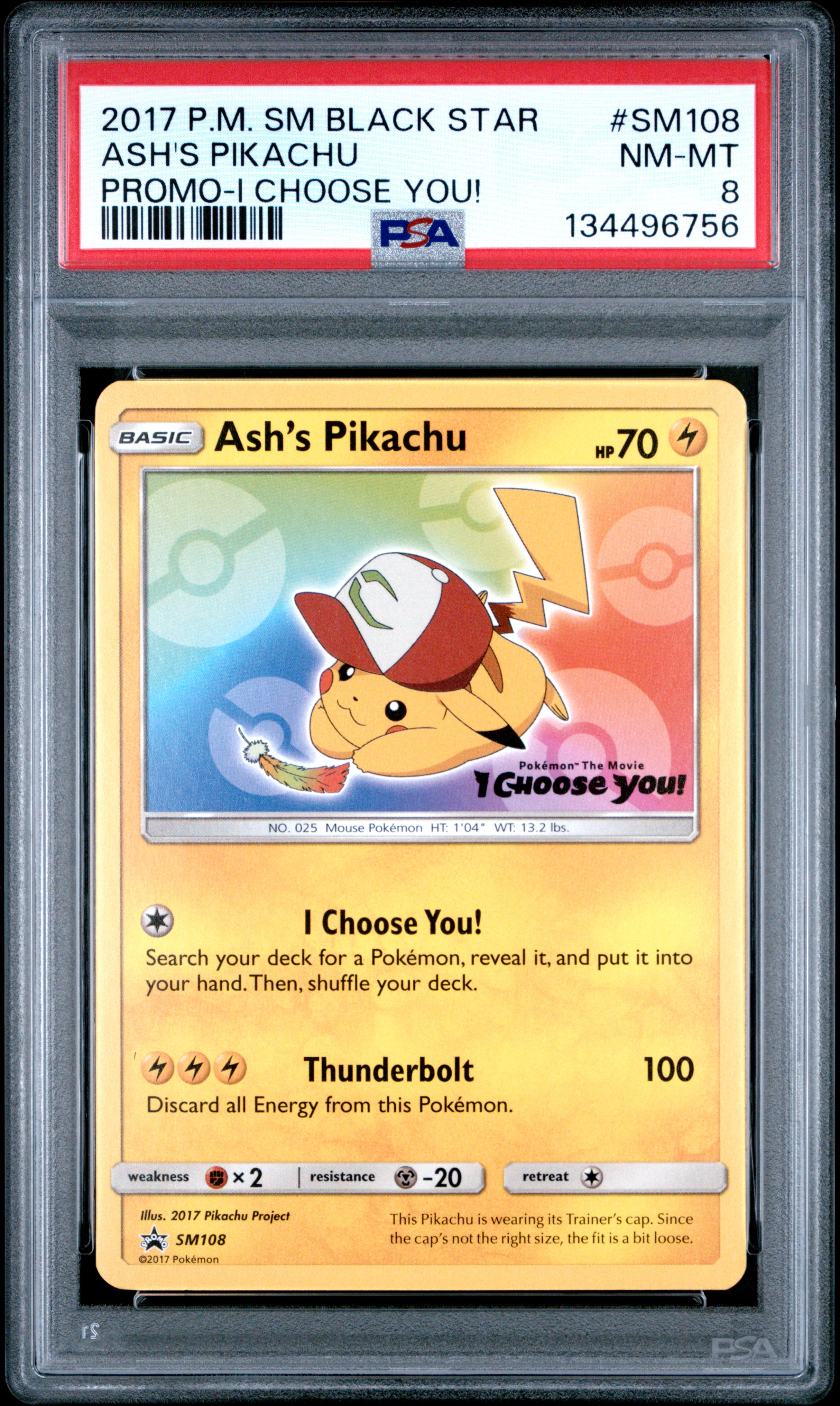 2017 #SM108 Ash's Pikachu PSA 8 SM Black Star Promo
