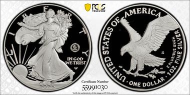 2025-S $1 Silver Eagle w/ U.S. Navy Privy 250th Anniversary First Strike PR69DCAM