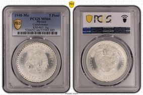 1948-Mo 5 Peso Cuauhtemoc KM-465  Ag MS66