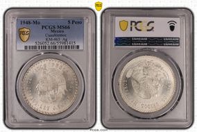 1948-Mo 5 Peso Cuauhtemoc KM-465 Ag MS66