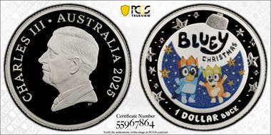 2025 $1 Bluey Christmas Ag Colorized PR70DCAM