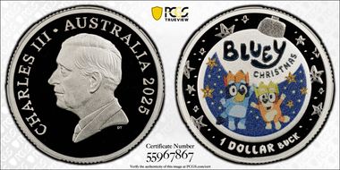 2025 $1 Bluey Christmas Ag Colorized PR70DCAM
