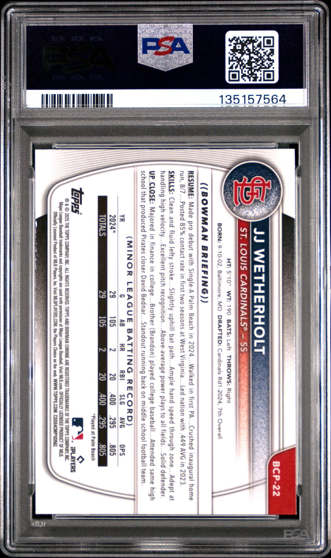 2025 Bowman Mega Box Chrome Prospects Jj Wetherholt #22 (Prospects-Burgundy Ref) Gem Mt 10 back