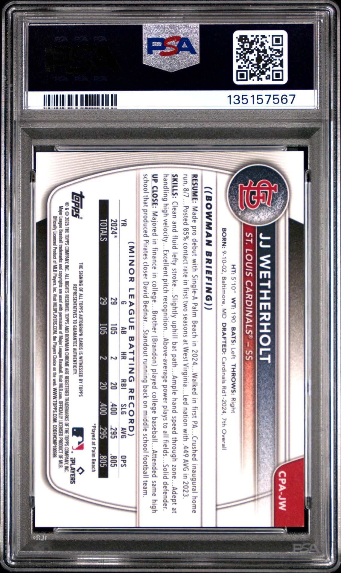 2025 Bowman Chrome Prospect Autographs Jj Wetherholt #Cpajw Gem Mt 10 back