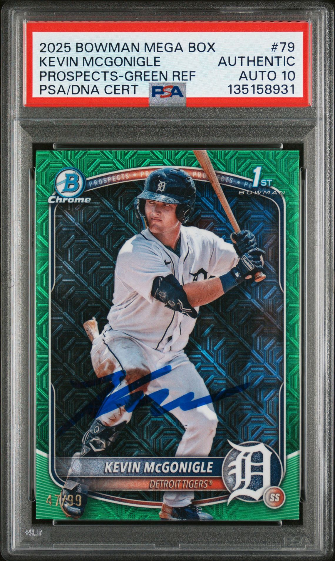 2025 Bowman BOWMAN MEGA BOX CHROME PROSPECTS GREEN REFCertificationPrimary Signer (1 Signer)KEVIN MCGONIGLE #79 Kevin Mcgonigle front