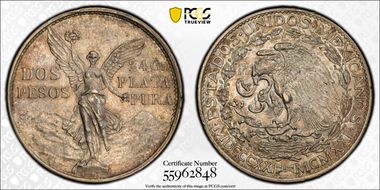 1921-Mo 2 Peso Centennial, 9 Tail F. KM-462  Ag AU55