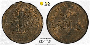 1793 5 Sols Gad-67 Siege AU58BN