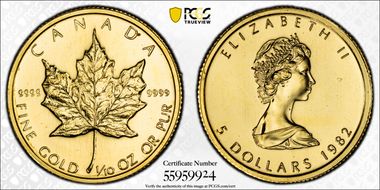 1982 $5 Maple Leaf Au MS68