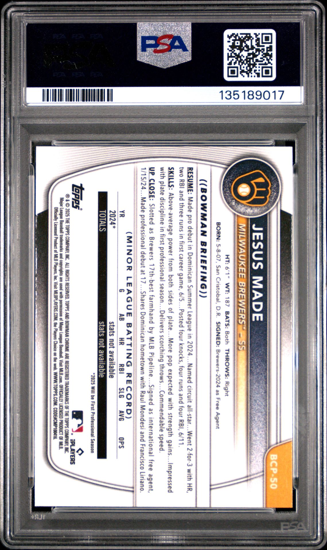 2025 Bowman Chrome Prospects Jesus Made #Bcp50 (Chrome Pros-Reptilian Ref) Gem Mt 10 back