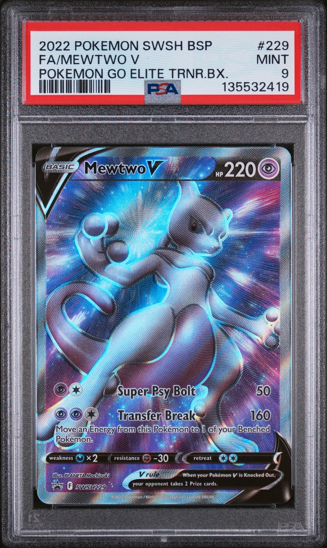 2022 Pokemon Swsh Black Star Promo Fa/Mewtwo V #229 (Pokemon Go Elite Trnr.bx.) Mint 9 front